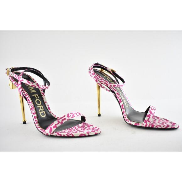 Tom Ford Padlock Pink White Animal Print Lock Ankle Strap Sandal Heel Pump 36.5 - Picture 5 of 12